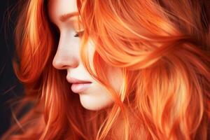 ai généré fermer portrait de une Jeune femme avec vibrant rouge cheveux et doux lumière du soleil photo