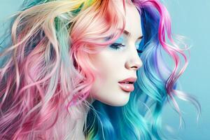 ai généré vibrant multicolore cheveux sur une Jeune femme dans une fermer Extérieur portrait photo