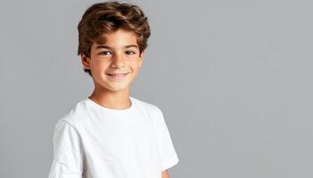 ai généré souriant Jeune garçon dans blanc T-shirt posant pour une décontractée studio portrait photo