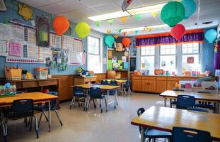 ai généré coloré élémentaire salle de cours avec décoratif lanternes et éducatif affiches photo