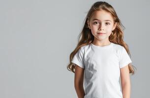 ai généré Jeune fille avec longue auburn cheveux posant dans une blanc T-shirt contre une gris Contexte photo