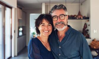 ai généré mature couple embrassement dans une confortable Accueil cuisine pendant jour photo