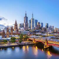 ai généré panorama vue de Melbourne ville horizon à crépuscule dans Australie photo