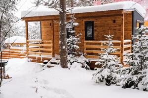 modulaire maison fabriqué de foncé métal et lumière bois dans hiver forêt. une maison cette prend dans Compte tout vous avoir besoin pour une confortable la vie à l'extérieur le ville. photo