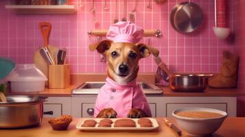 ai généré marrant chien dans du chef chapeau et tablier avec biscuits dans le cuisine photo