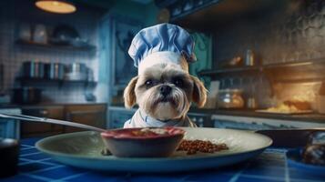 ai généré mignonne shih tzu chien dans du chef chapeau et tablier en mangeant céréales dans le cuisine photo