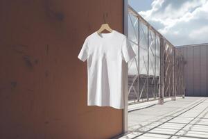 ai généré blanc T-shirt sur une cintre sur une Contexte de en bois mur photo