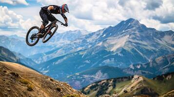 ai généré une Montagne motard planant par le air contre une Stupéfiant montagneux toile de fond photo