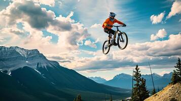 ai généré une Montagne motard planant par le air contre une Stupéfiant montagneux toile de fond photo