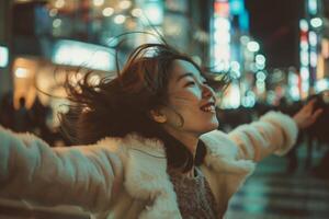 ai généré joyeux Jeune asiatique femme dans duveteux manteau profiter vie nocturne dans le ville photo