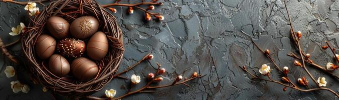 ai généré Chocolat et Pâques des œufs sur noir calcul, dans le style de tordu branches, lumière gris et foncé beige. génératif ai photo