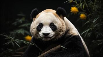 ai généré mignonne Panda proche en haut. regards à le caméra. sur une Naturel arrière-plan.génératif ai photo