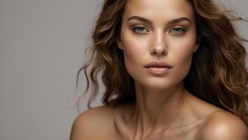 beauté portrait de une Jeune femme avec en bonne santé peau et Naturel se maquiller. photo