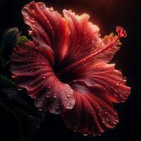 ai généré pétales orné proche en haut hibiscus dans couvert de rosée splendeur photo