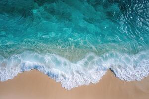 ai généré le calme de océan vagues sur une déserté plage, turquoise mer et intacte sables aérien vue de une pacifique, déserté plage avec calme océan vagues doucement rupture contre sablonneux rivages photo