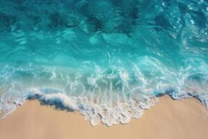 ai généré le calme de océan vagues sur une déserté plage, turquoise mer et intacte sables aérien vue de une pacifique, déserté plage avec calme océan vagues doucement rupture contre sablonneux rivages photo