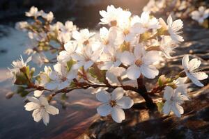 ai généré printemps frontière avec blanc fleur Contexte. photo