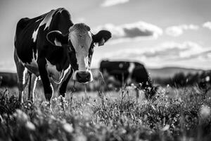 ai généré Holstein frison vaches pâturage sur les terres agricoles. photo