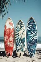 ai généré tropical batik motifs sur planche de surf photo