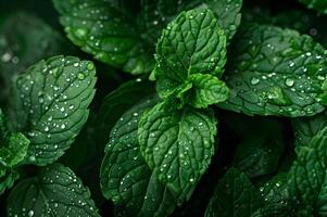 ai généré menthe feuilles avec l'eau gouttelettes photo