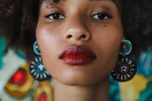 ai généré batik élégance fermer portrait avec audacieux des boucles d'oreilles photo