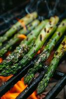 ai généré Extérieur un barbecue délice grillé asperges photo