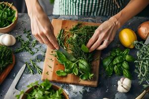 ai généré femme couper Frais herbes photo