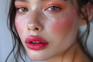 ai généré scintillait éclat magnifique femme dans élégant rose maquillage photo