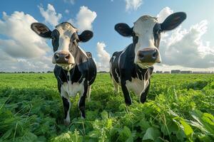 ai généré deux vaches sont permanent dans champ et à la recherche à le caméra photo