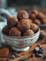 ai généré Chocolat truffes dans bol sur en bois table photo