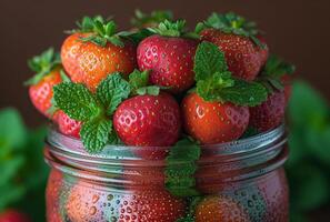 ai généré Frais des fraises dans verre pot avec l'eau gouttes. des fraises dans une pot avec menthe feuilles photo