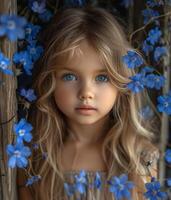 ai généré peu fille est entouré par bleu fleurs. photo