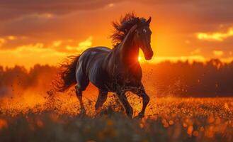 ai généré magnifique cheval court à travers le champ sur Contexte de le coucher du soleil photo