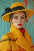 ai généré magnifique Jeune fille dans Jaune chapeau et Jaune manteau photo