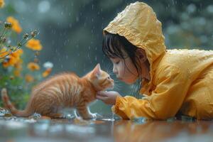 ai généré asiatique fille portant imperméable embrasser chaton dans le pluie photo