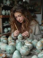 ai généré Jeune femme des peintures argile produit dans poterie atelier photo