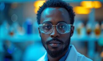 ai généré portrait de Beau Jeune scientifique dans laboratoire manteau et rond lunettes. photo