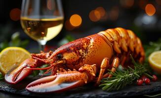 ai généré délicieux fraîchement à la vapeur Homard dans le rugueux avec verre de blanc du vin citron et Romarin. photo