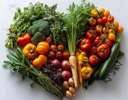 ai généré une cœur en forme de image de divers des légumes. Frais des légumes arrangé dans cœur forme sur blanc Contexte. photo