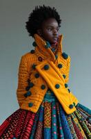 ai généré modèle porte Jaune manteau et coloré robe de le collection photo