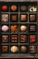 ai généré une noir boîte avec différent sortes de des chocolats photo