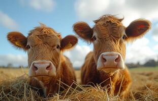 ai généré deux marron vaches permanent dans foins champ photo