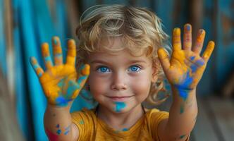 ai généré une enfant dans coloré peindre détient le sien mains en haut photo