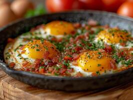 ai généré frit des œufs avec Bacon et tomates dans la poêle photo