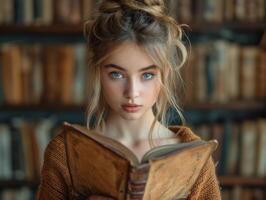 ai généré magnifique Jeune fille des stands avec livre dans le bibliothèque par le étagères. photo