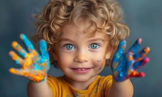 ai généré enfant avec peindre sur le sien mains photo