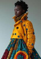 ai généré modèle porte Jaune manteau et coloré jupe. photo