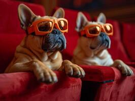 ai généré deux français bouledogues sont mensonge sur le canapé et en train de regarder film dans 3d lunettes. photo