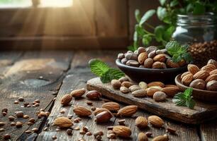 ai généré différent les types de des noisettes dans le bol sur le en bois table photo