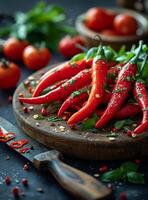 ai généré rouge chaud le Chili poivrons avec Frais herbes et épices sur rustique en bois planche photo